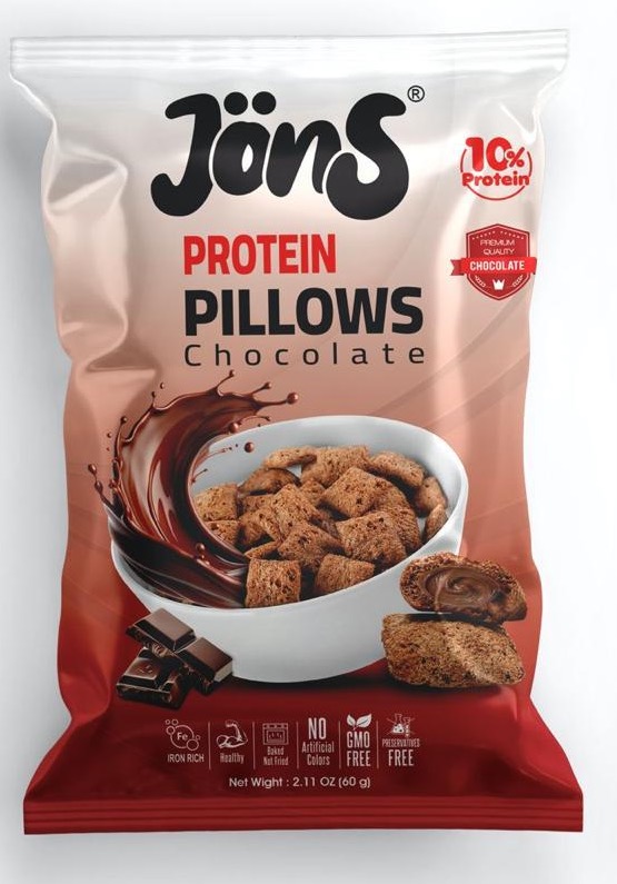 A bag of Jöns Protein Pillows, Chocolate.